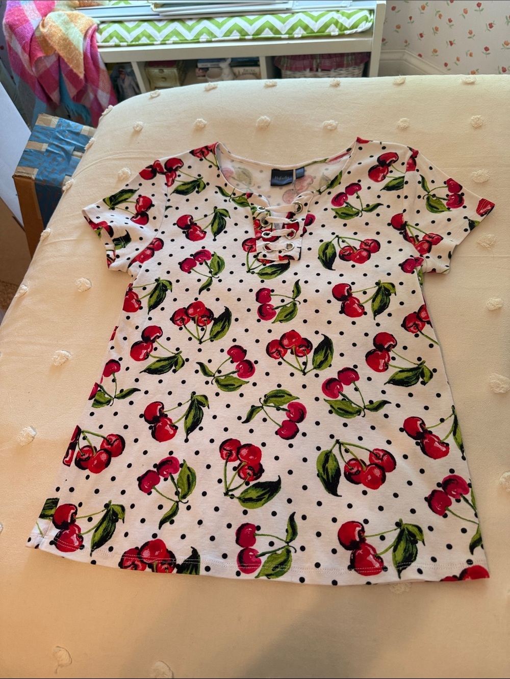 Rafaella Cherry Print Lace-Up V-Neck Tee - White with Red Cherries